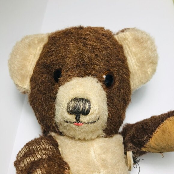 Antique Mohair Bear Two Tone Brown & White Jointed Glass Eyes Claws Tongue Teddy - Picture 15 of 15